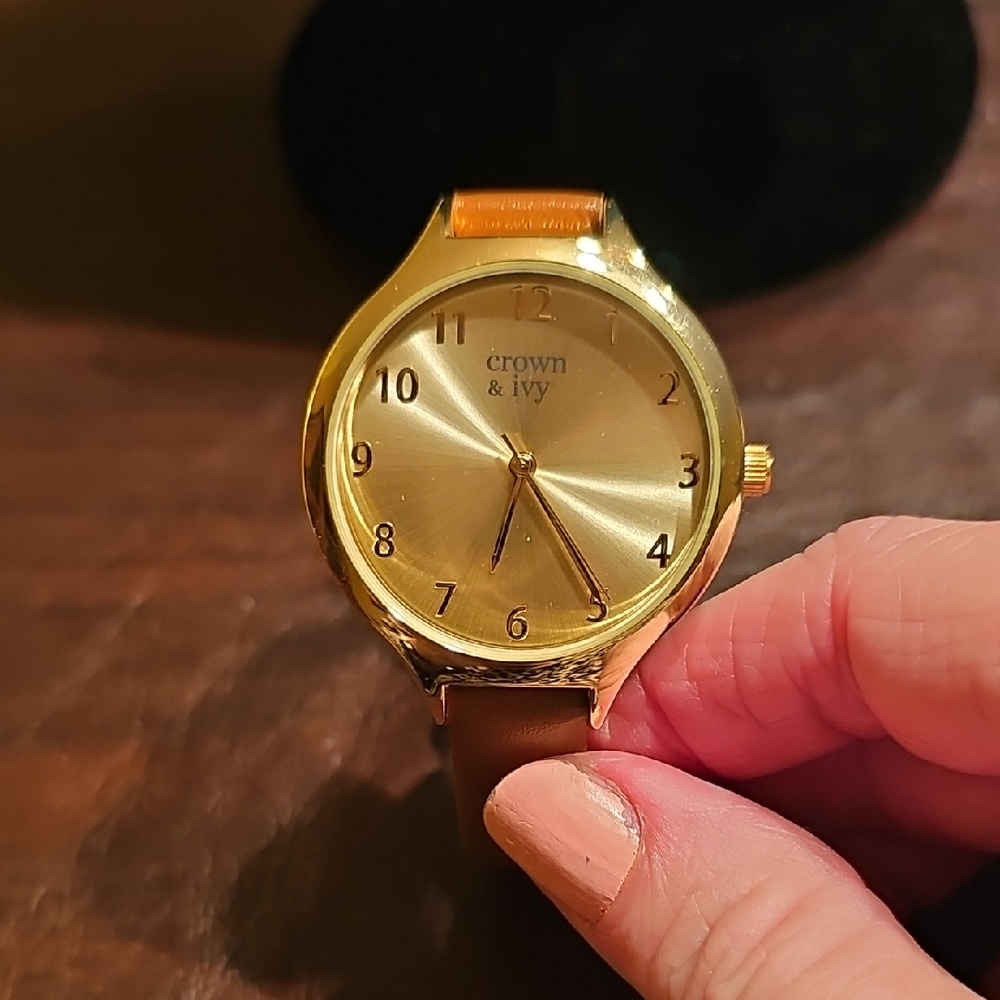 crown & ivy Gold-Tone Watch with Tan Leather Strap Jewelry